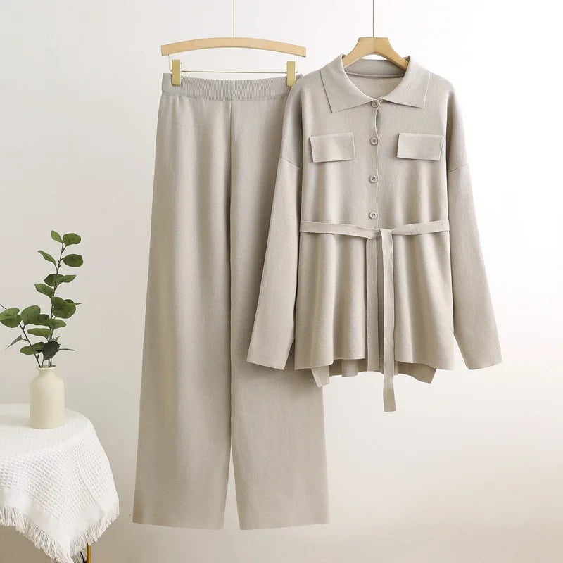 Conjunto 2 Peças Feminino – Cardigan de Tricô e Calça de Cintura Alta