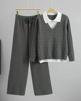 Conjunto Feminino Outono – Blusa Gola Lapela Estilo Camadas com Calça de Cintura Alta