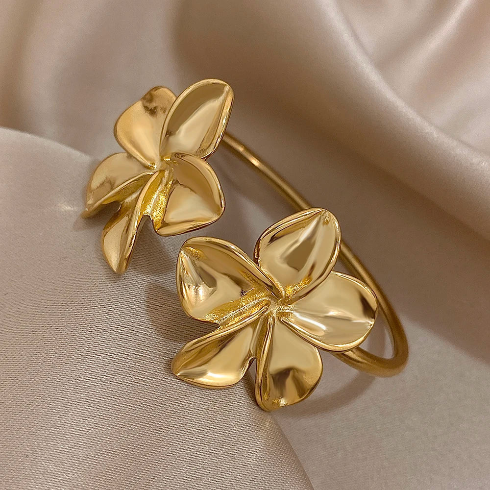 Bracelete de Aço Inoxidável  Dupla Flor  - Bracelete Floral Metal Dourado, à Prova D'Água, Joia para Festa