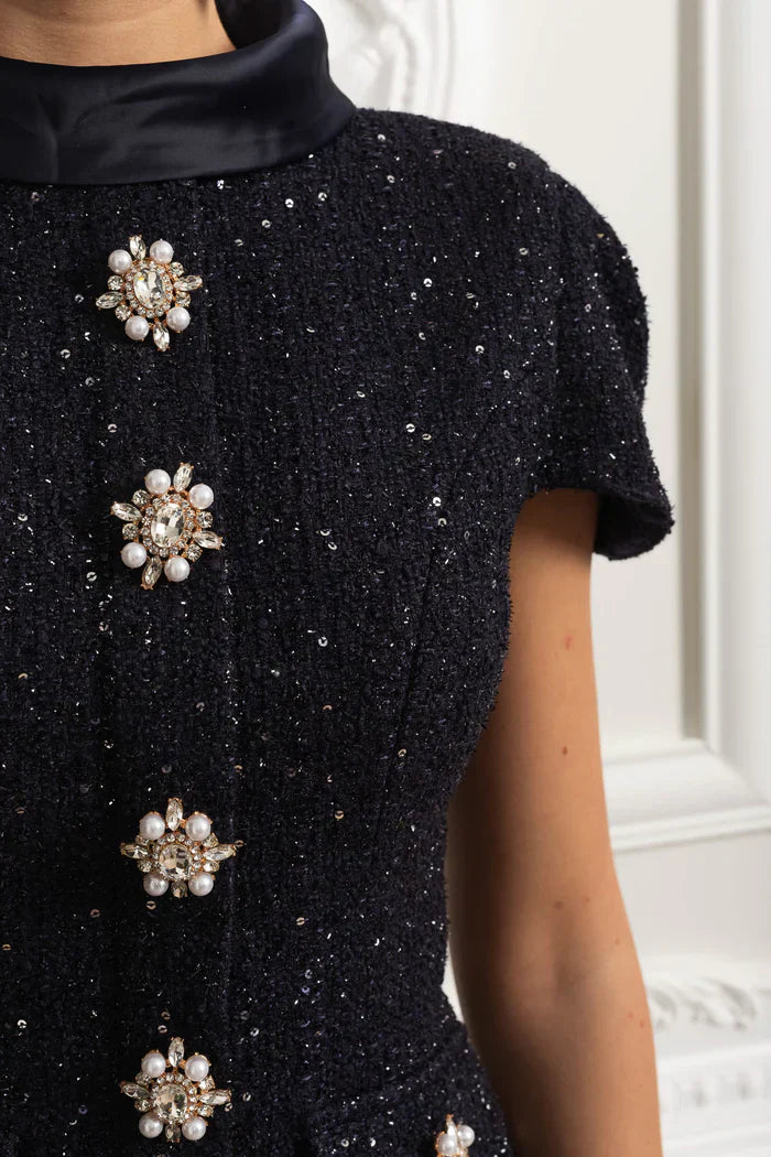 Vestido Longo – Maxi Luxo, Cristal e Cetim Tweed, Azul