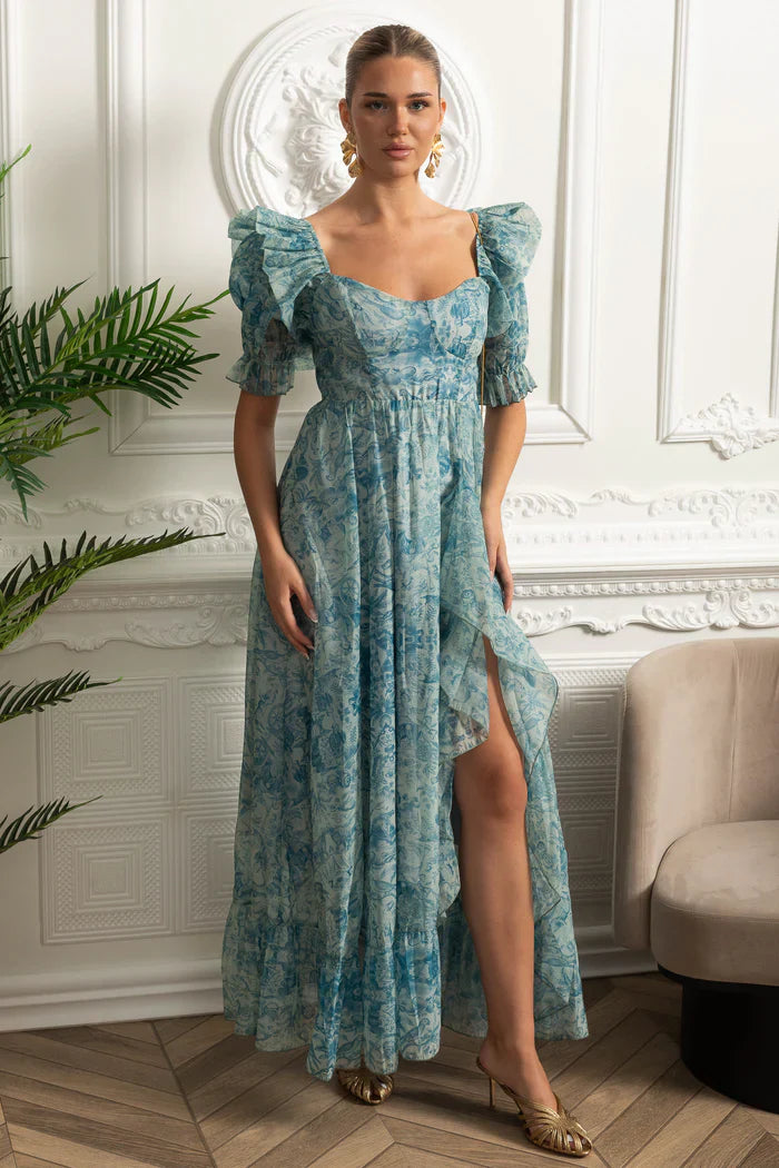 Vestido Runway – Floral Elegante com Mangas Bufantes, Babados em Camadas e Estilo Princesa para Festa