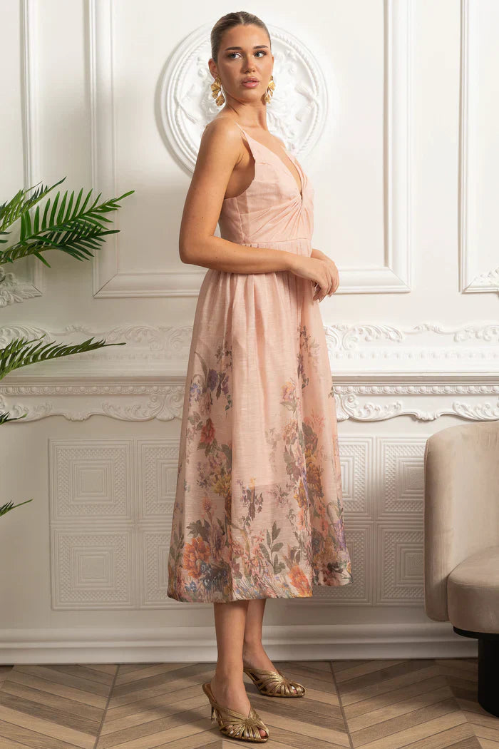 Vestido Midi  Estampa de Flores Rosa e Decote V Profundo – Alta Qualidade