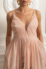 Vestido Midi  Estampa de Flores Rosa e Decote V Profundo – Alta Qualidade