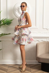 Conjunto – Top Estampado Sem Mangas  + Saia Curta Plissada de Cintura Alta