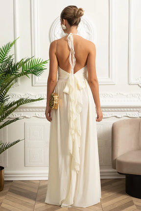 Vestido Longo – Elegante com Gola Halter, Decote com Babados, Cintura Franzida e Detalhe Floral