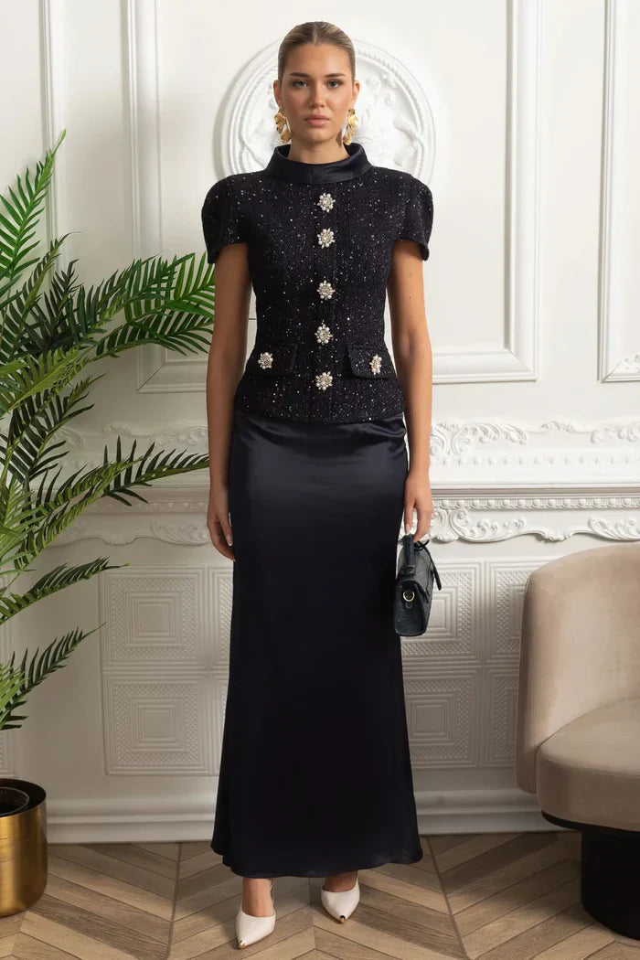 Vestido Longo – Maxi Luxo, Cristal e Cetim Tweed, Azul