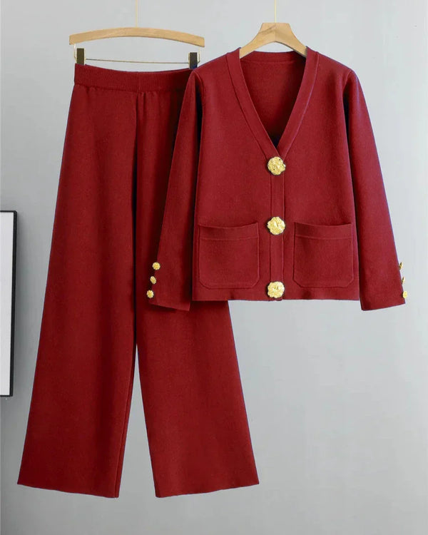 Conjunto Feminino Elegante em Tricô – Cardigan de Botões e Calça de Cintura Alta com Perna Larga