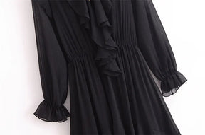 Vestido Elegante com Decote V – Babados, Manga Longa Lanterna e Detalhe em Renda com Laço