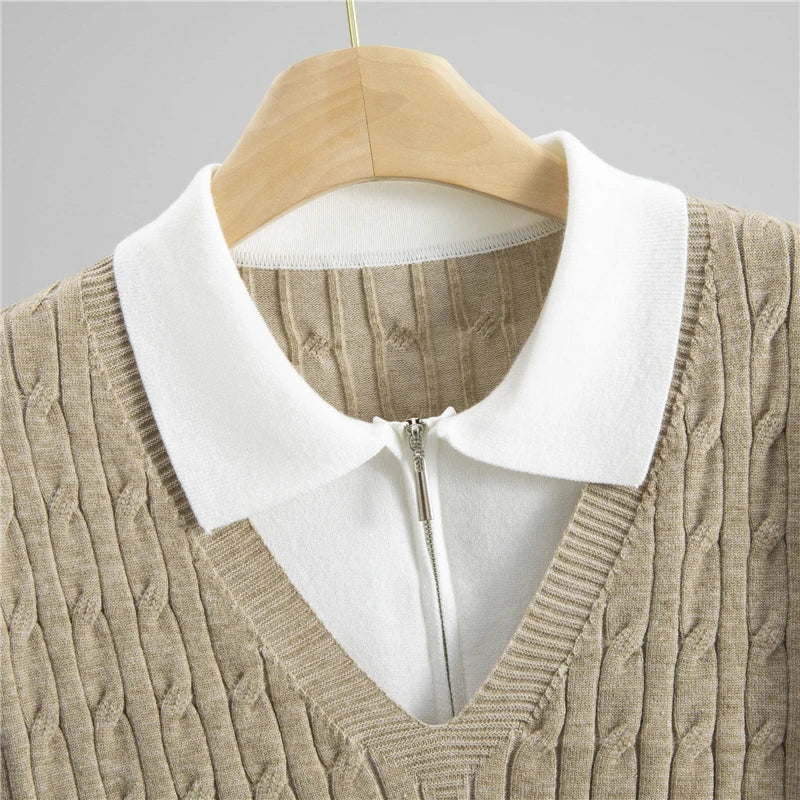 Conjunto Feminino Outono – Blusa Gola Lapela Estilo Camadas com Calça de Cintura Alta