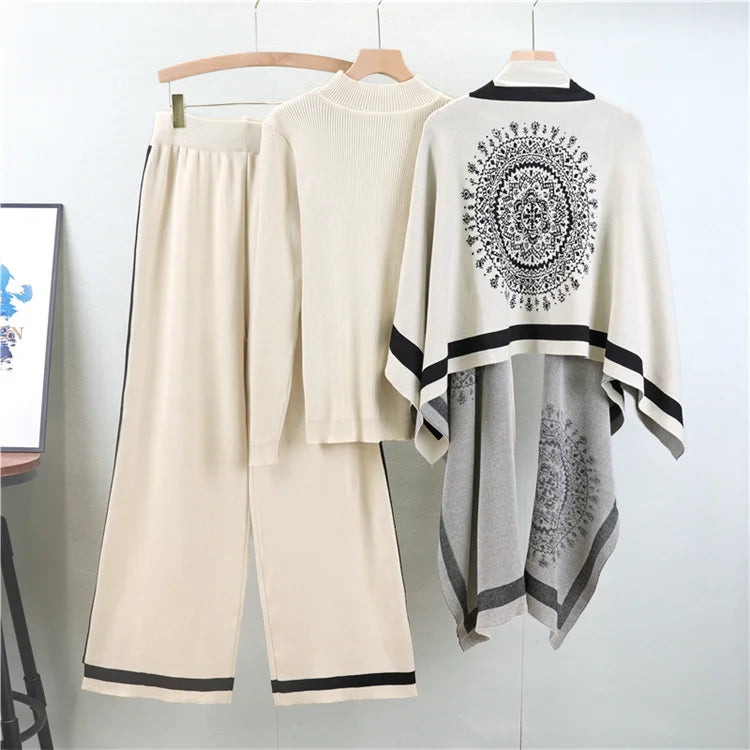 Conjunto Feminino 3 Peças em Tricô – Blusa, Pashmina e Calça Pantalona Cintura Alta