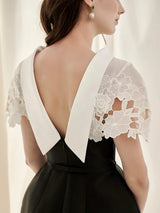 Vestido Couture em Renda  – Modelo Sem Costas com Recortes em Patchwork e Cintura Alta Esculpida