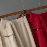 Conjunto Feminino - Estilo Francês em Tricô com Gola Polo e Calça Longa