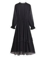 Vestido Elegante com Decote V – Babados, Manga Longa Lanterna e Detalhe em Renda com Laço