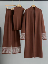 Conjunto Feminino 3 Peças de Tricô – Colete, Cardigan Longo e Calça Pantalona