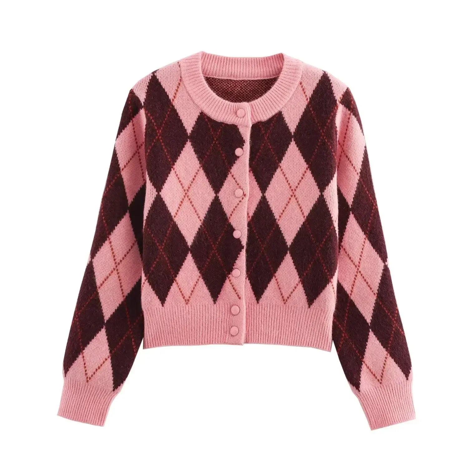 Cardigan Feminino em Tricô Jacquard – Estampa Argyle, Gola Redonda e Botões Frontais