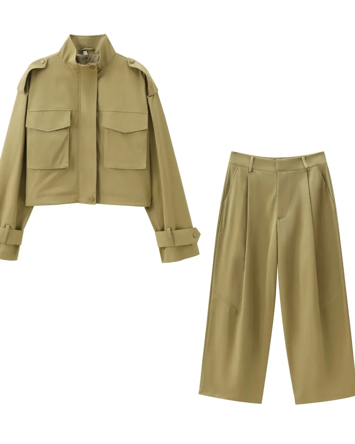 Conjunto Feminino Elegante com Casaco de Bolsos e Calça de Alfaiataria