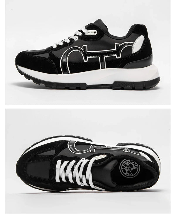 Tênis Feminino Casual  – Estilo Vintage, Color Block, Couro, Confortável e Moderno