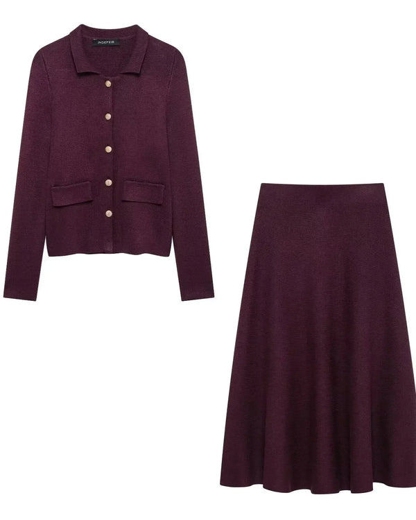 Conjunto Feminino Minimalista em Tricô – Jaqueta + Saia | Look Elegante