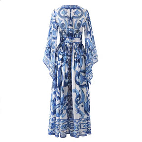 Vestido Longo Floral Estilo Porcelana – Elegância Atemporal